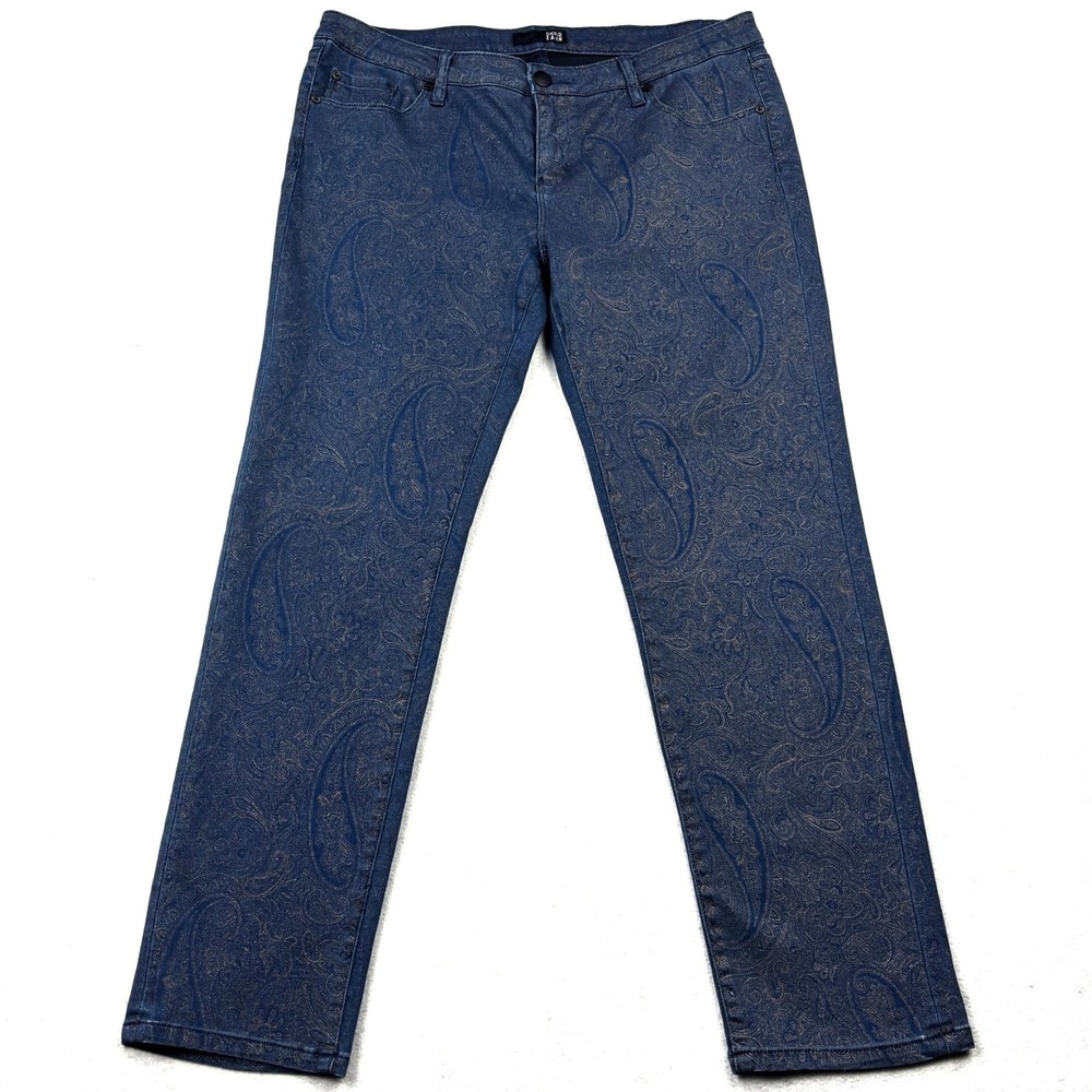 David Kahn Jeans Womens 32 Blue Bronze Paisley Print Stretch Slim Straight Pants